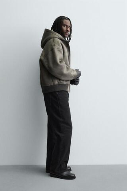 ZARA КУРТКА - ДУБЛЕНКА ИЗ ИСКУССТВЕННОЙ КОЖИ С ЭФФЕКТОМ ПОТЕРТОСТИ, ЗЕЛЕНЫЙ ХАКИ