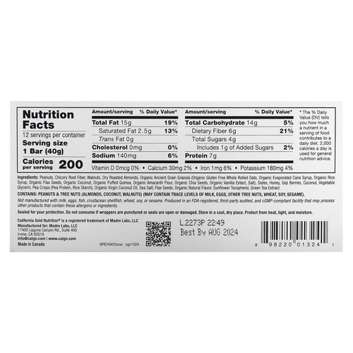 California Gold Nutrition, Foods, батончики-мюсли с клюквой и миндалём, 12 шт. по 40 г (1,4 унции)