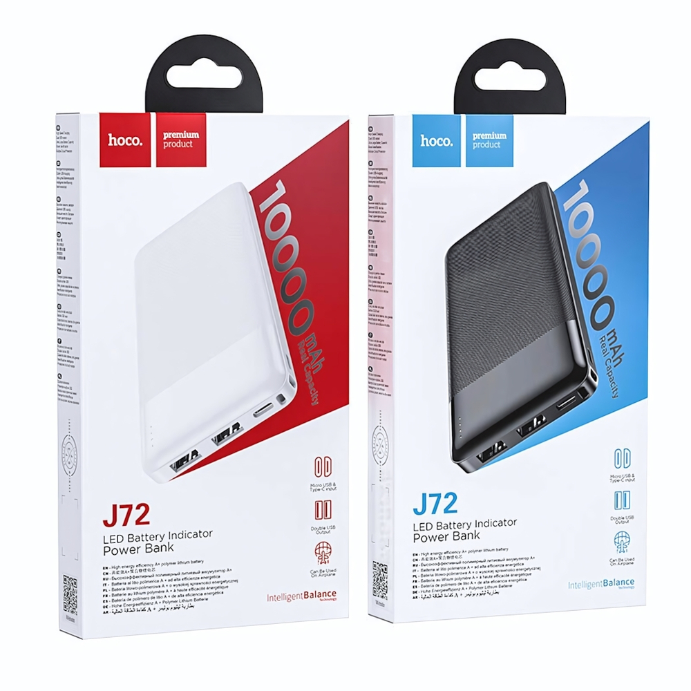 Внешний аккумулятор HOCO J72 10000mAh, 2A, MicroUSB/Type-C+2xUSB White