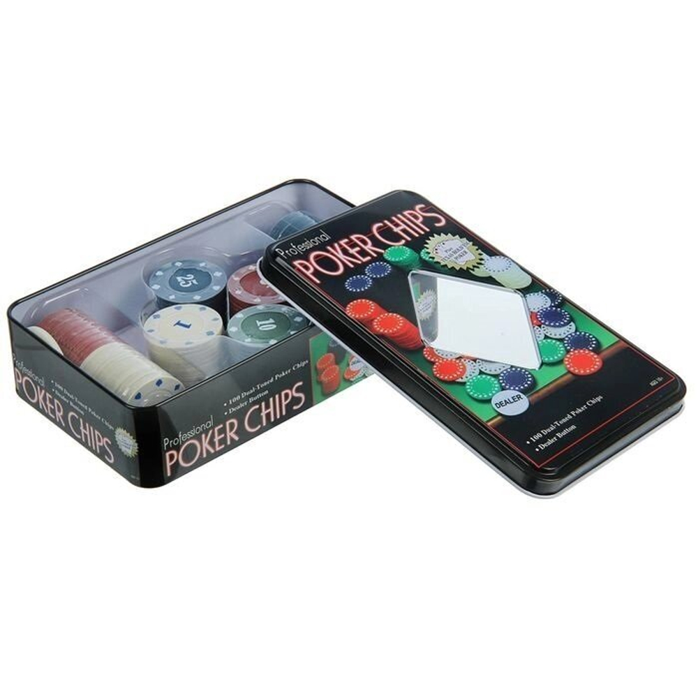 Набор для покера Professional Poker Chips: 100 фишек с номиналом, фишка дилера, металлическая коробка
