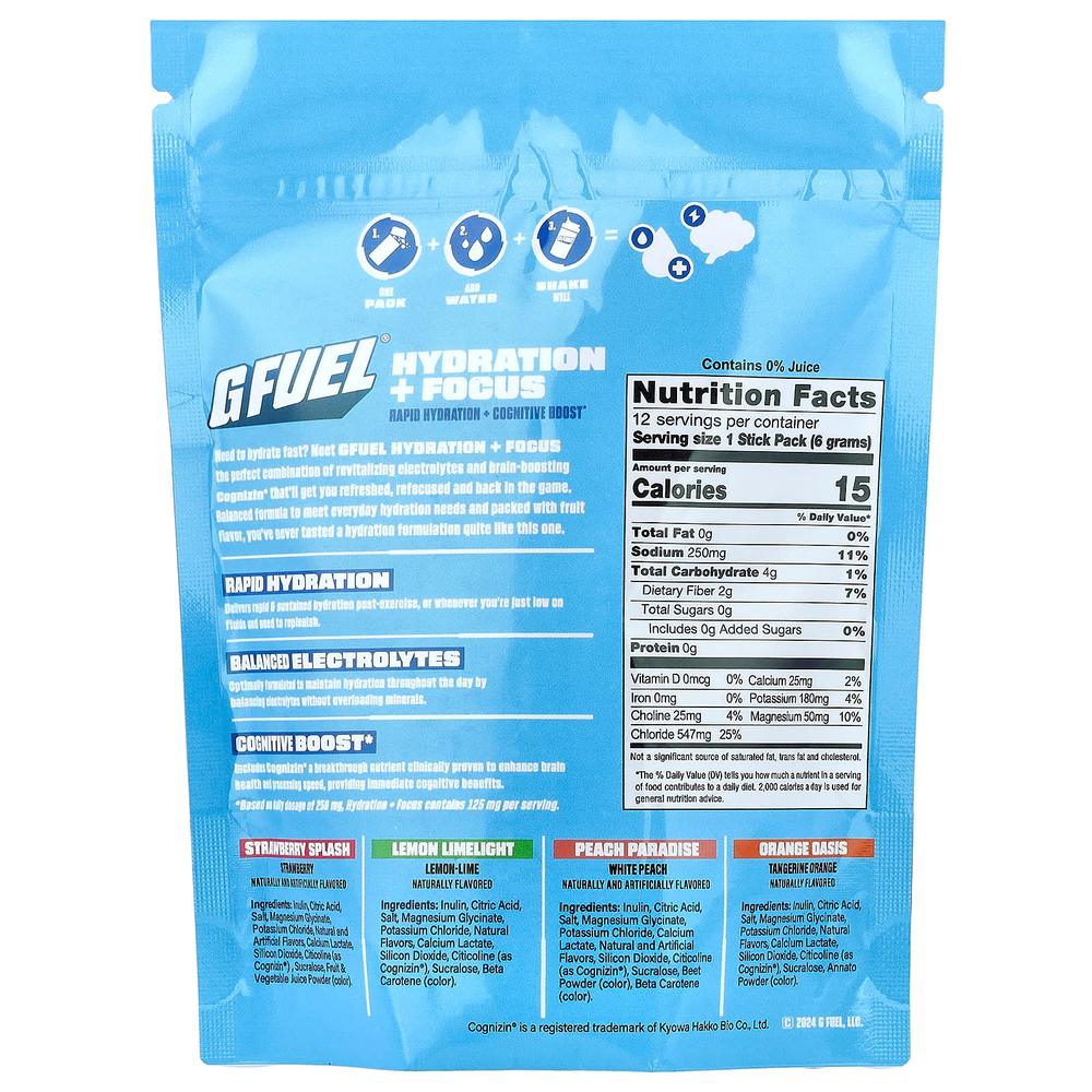 G FUEL, Hydration + Focus, смесь для приготовления электролитического напитка с Cognizin®, ассорти из 12 стик-пакетов по 6 г (0,21 унции)
