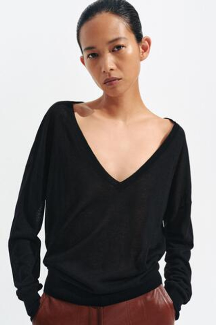 ZARA ДЖЕМПЕР ТОНКОЙ ВЯЗКИ С V-ОБРАЗНЫМ ВЫРЕЗОМ,ЧЕРНЫЙ