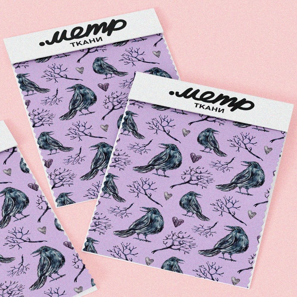 Ткань атлас птица сорока с деревом