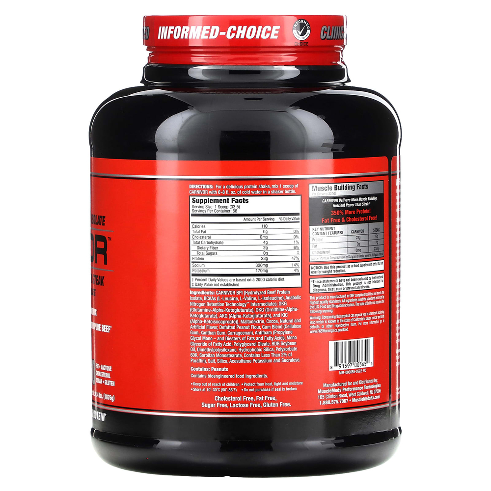 MuscleMeds, Carnivor, изолят говяжьего белка, полученный с помощью биоинженерии, со вкусом шоколада и арахисового масла, 1876 г (4,14 фунта)