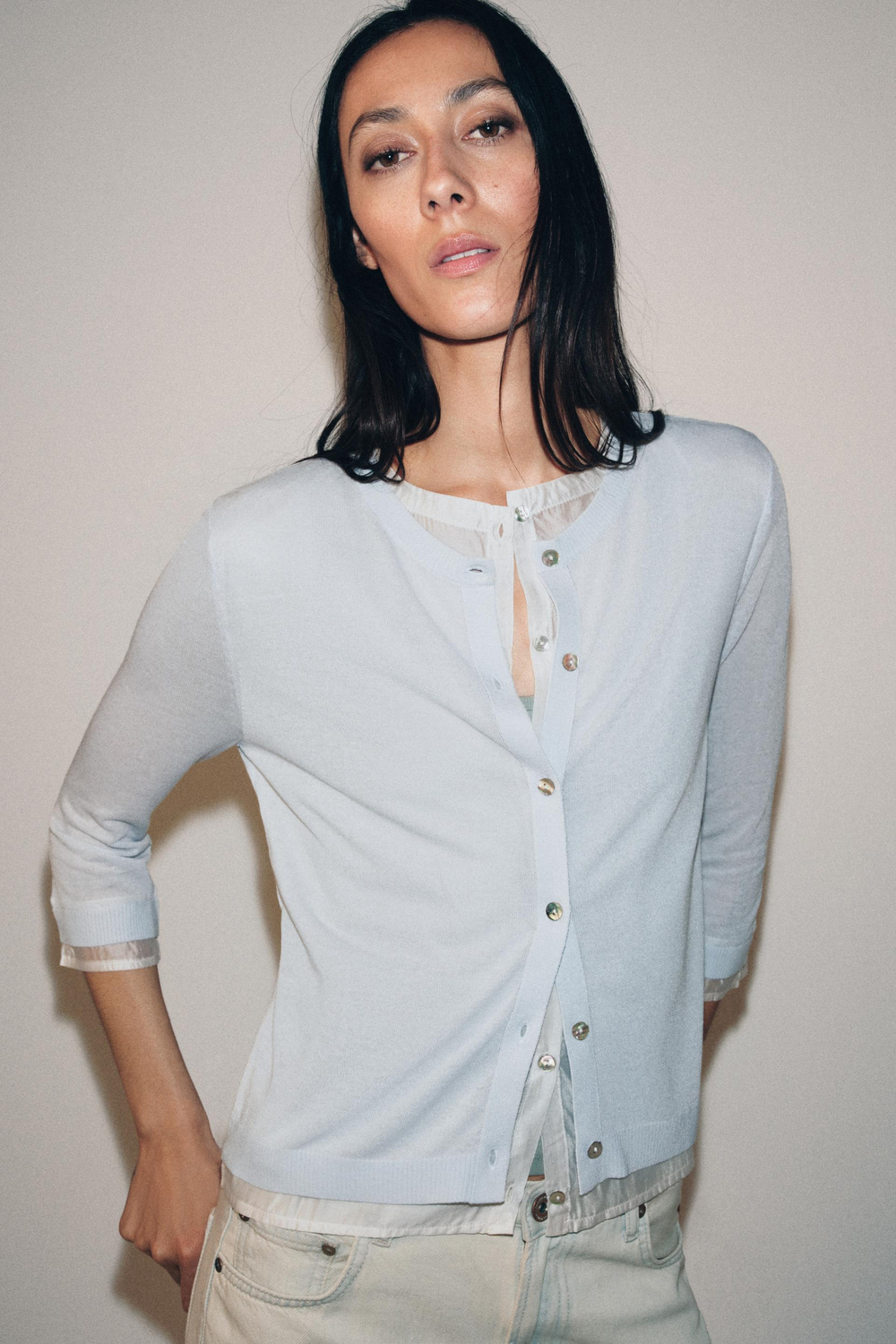 ZARA КОМБИНИРОВАННЫЙ КАРДИГАН, СИНИЙ/БЕЛЫЙ