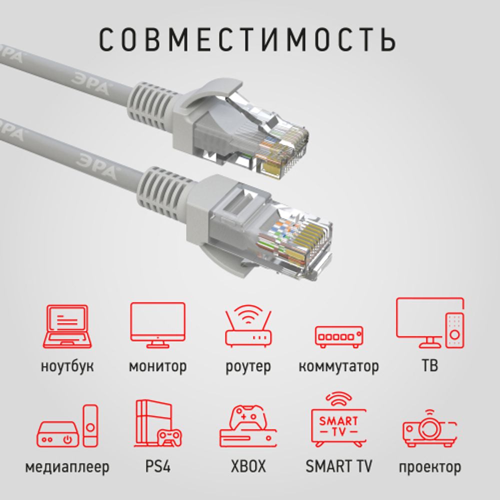 Патч корд ЭРА U/UTP неэкранированный 0,5 м, категория 5e, серый Cu