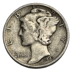 Монета 1 дайм (10 центов) 1942 "Mercury Dime" США