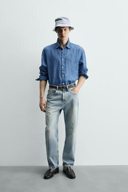 ZARА РУБАШКА REGULAR FIT ИЗ 100% ИНДИГО ЛЬНА, ТЕМНЫЙ ИНДИГО