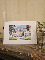 Картина авторская акварельная в паспарту 21х30 см на стену для интерьера "Сирень во дворе"