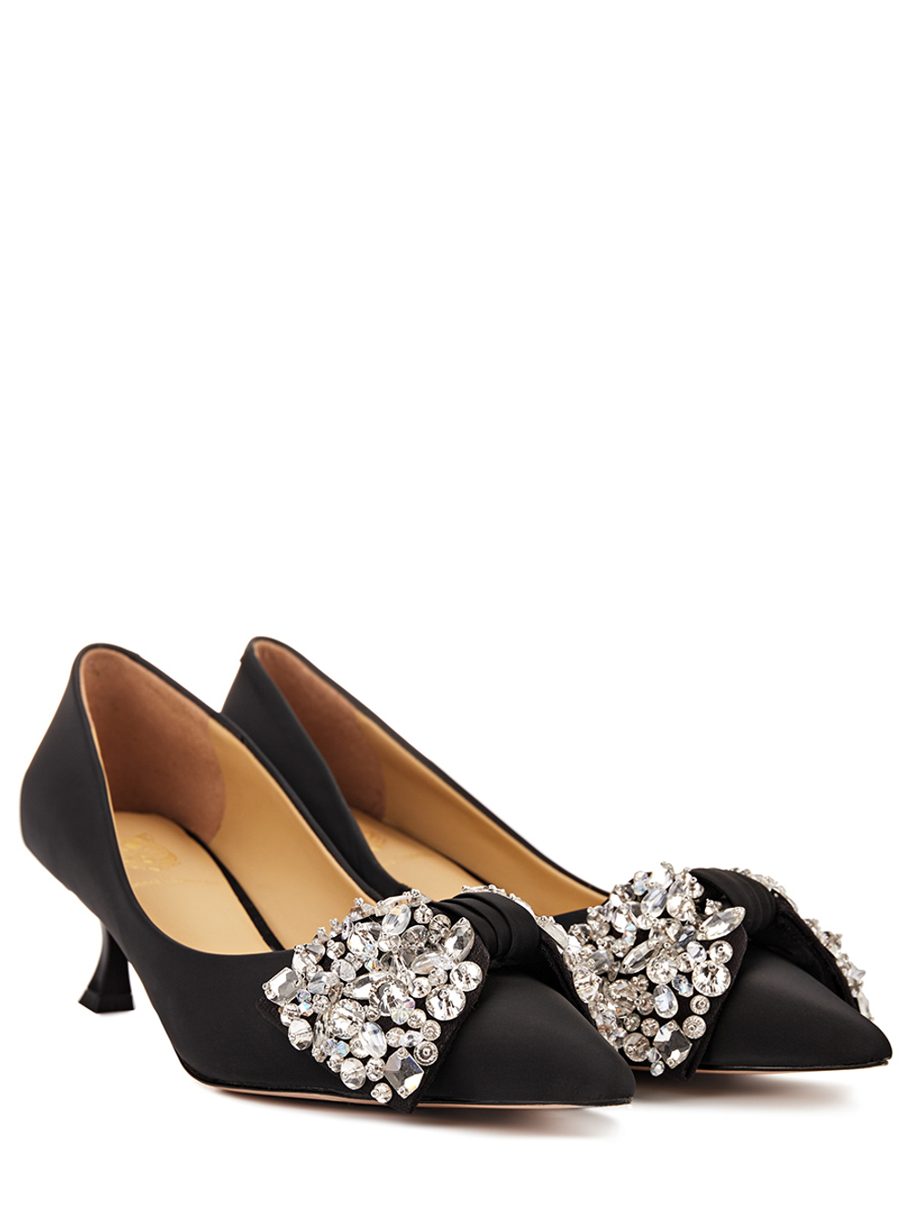 Женские туфли из кожи чёрные с бантом и камнями