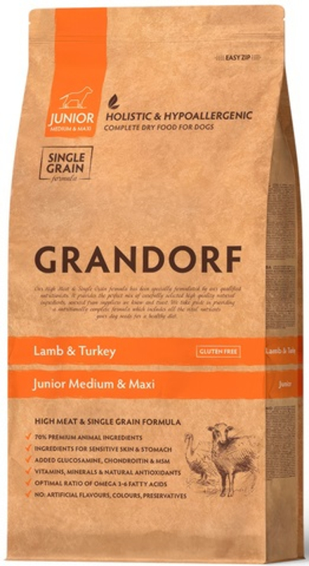 Grandorf 10кг Lamb & Turkey Junior Medium & Maxi Holistic для щенков средних и крупных пород от 4 месяцев, беременных и кормящих сук, ягненок с индейкой