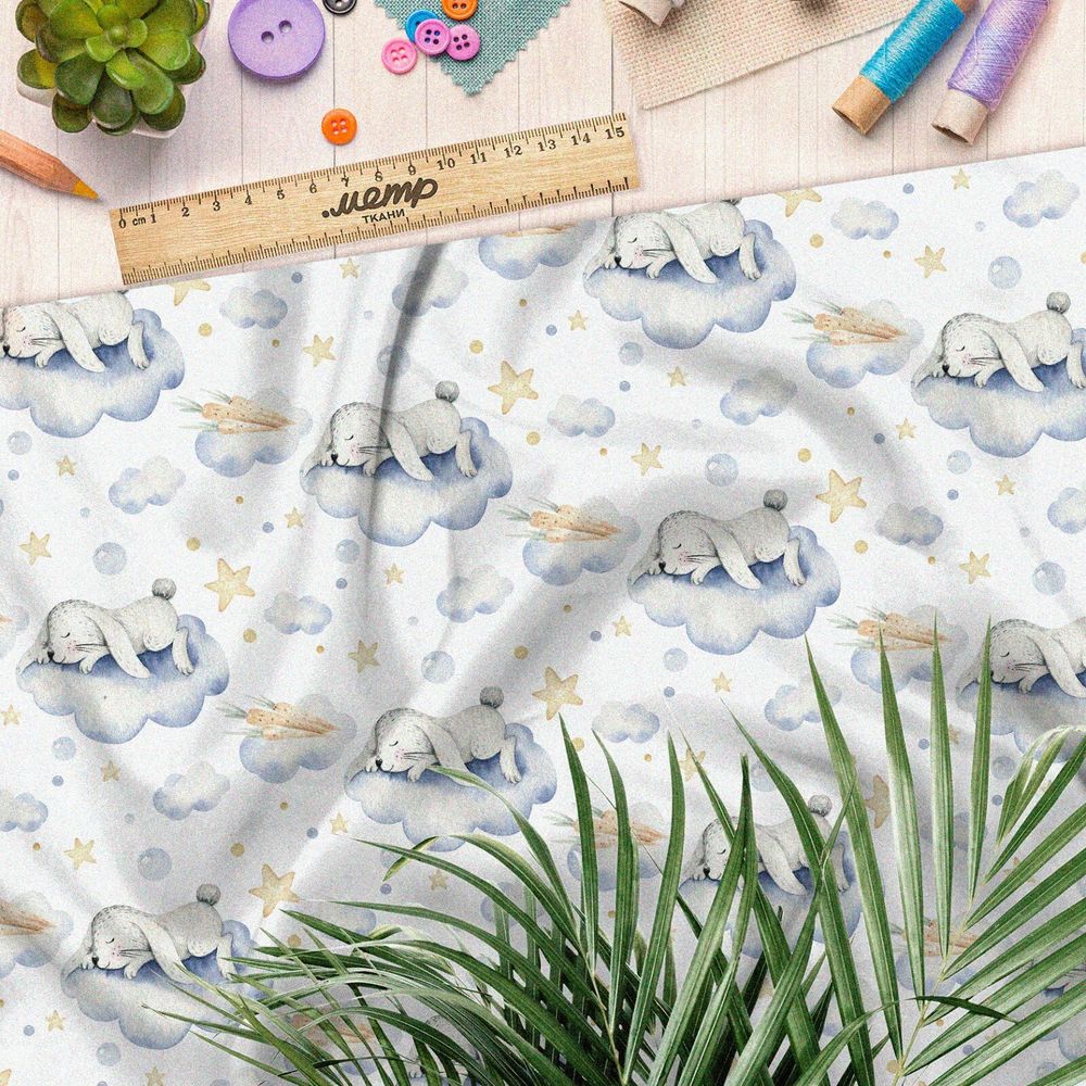 Ткань оксфорд 600 зайчата на облаках