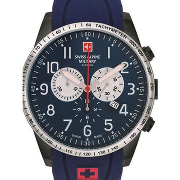С ремешком Мужские наручные часы с синим силиконовым ремешком Swiss Alpine Military 7082.9875 chrono 45mm 10ATM