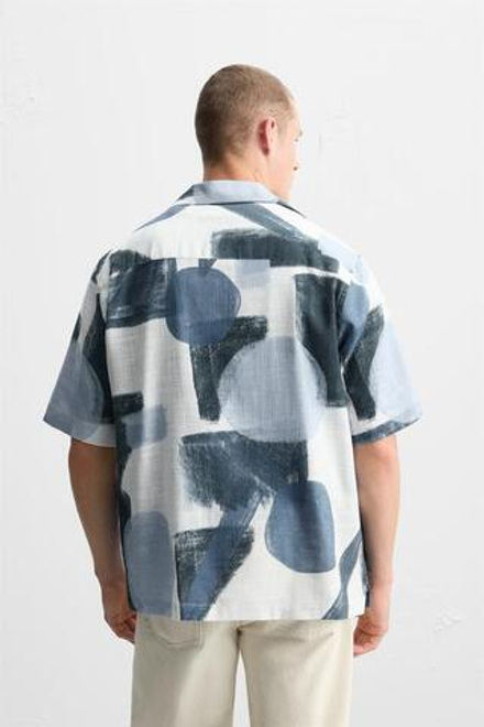 ZARA РУБАШКА С АБСТРАКТНЫМ ПРИНТОМ, СИНИЙ