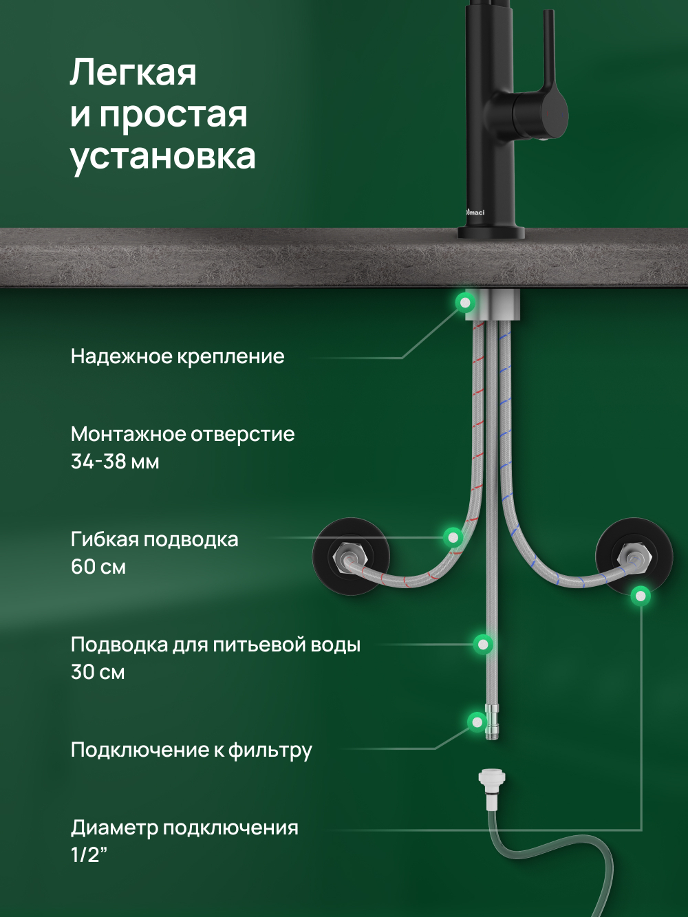 Смеситель для кухни Domaci Римини D569174BK с гибким изливом, черный