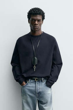 ZARA ФУТБОЛКА HEAVYWEIGHT С КРУГЛЫМ ВЫРЕЗОМ, ГЛУБОКИЙ СИНИЙ