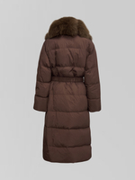 Пуховик 8820 однотонный удлиненный с мехом накладными карманами и поясом