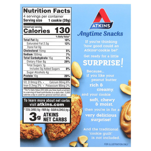 Atkins, Everytime Snacks, протеиновое печенье, арахисовая паста, 4 шт. по 39 г (1,38 унции)