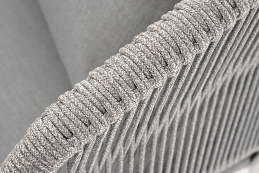 "Милан" диван 2-местный плетеный из роупа, каркас алюминий светло-серый (RAL7035) муар, роуп серый меланж круглый, ткань светло-серая