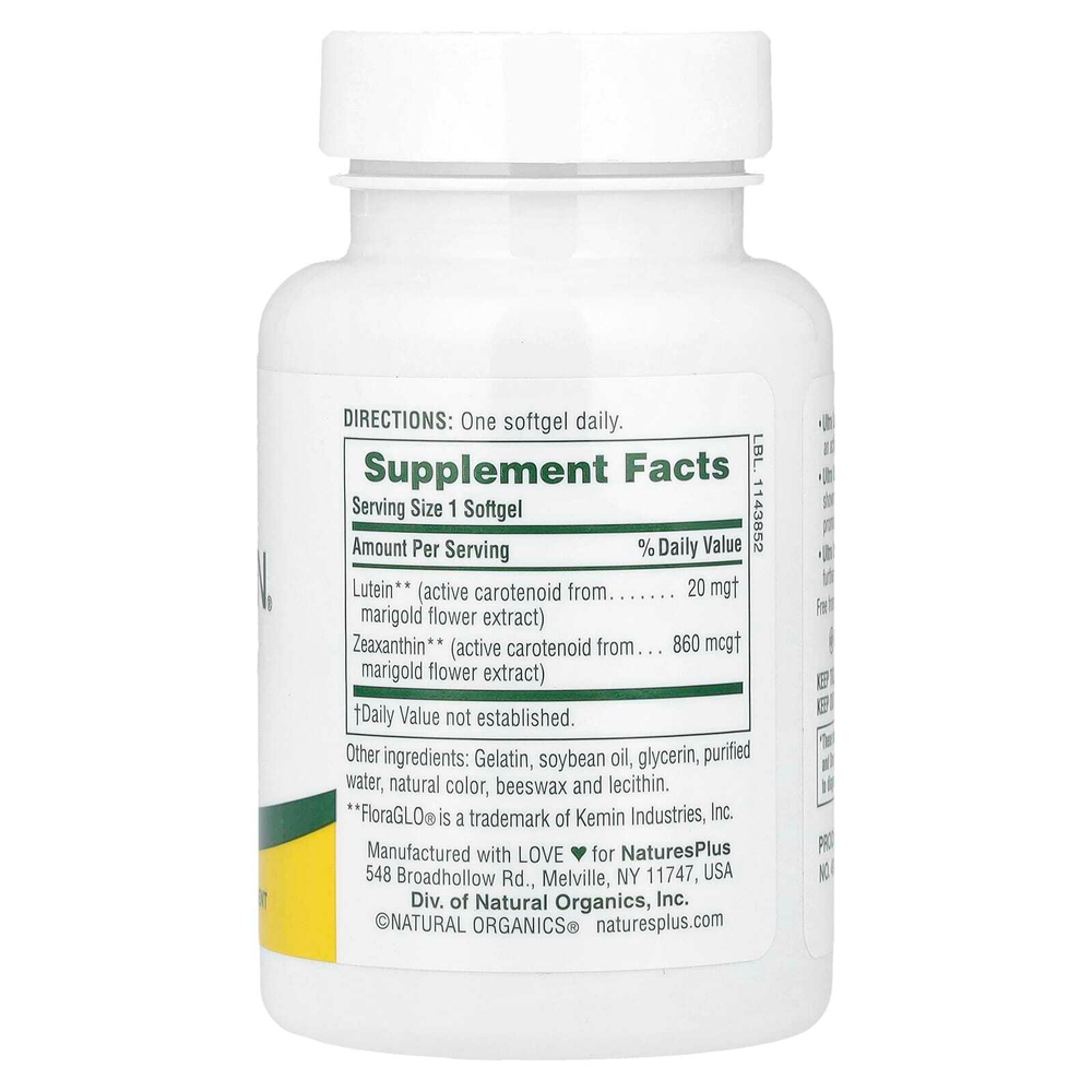 NaturesPlus, Ultra Lutein® с зеаксантином, 20 мг, 60 мягких таблеток