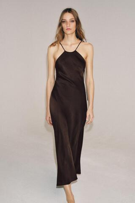 ZARA АТЛАСНОЕ ПЛАТЬЕ ХАЛТЕР ZW COLLECTION, КОРИЧНЕВЫЙ