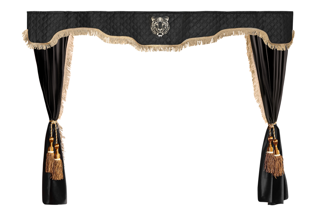 Шторы спального места с прихватами в кабину грузовика. Ламбрекен из экокожи с вышивкой Тигр и прихватами "Кисти". Высота 1,5м, ширина одной стороны - 1,15м. Блэкаут, велюр. Черный цвет с коричневыми кистями