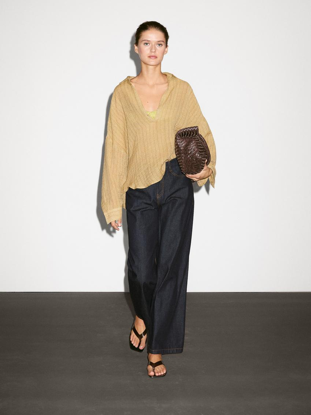 Massimo Dutti Блуза из смесового льна с воротником поло, горчично-желтый