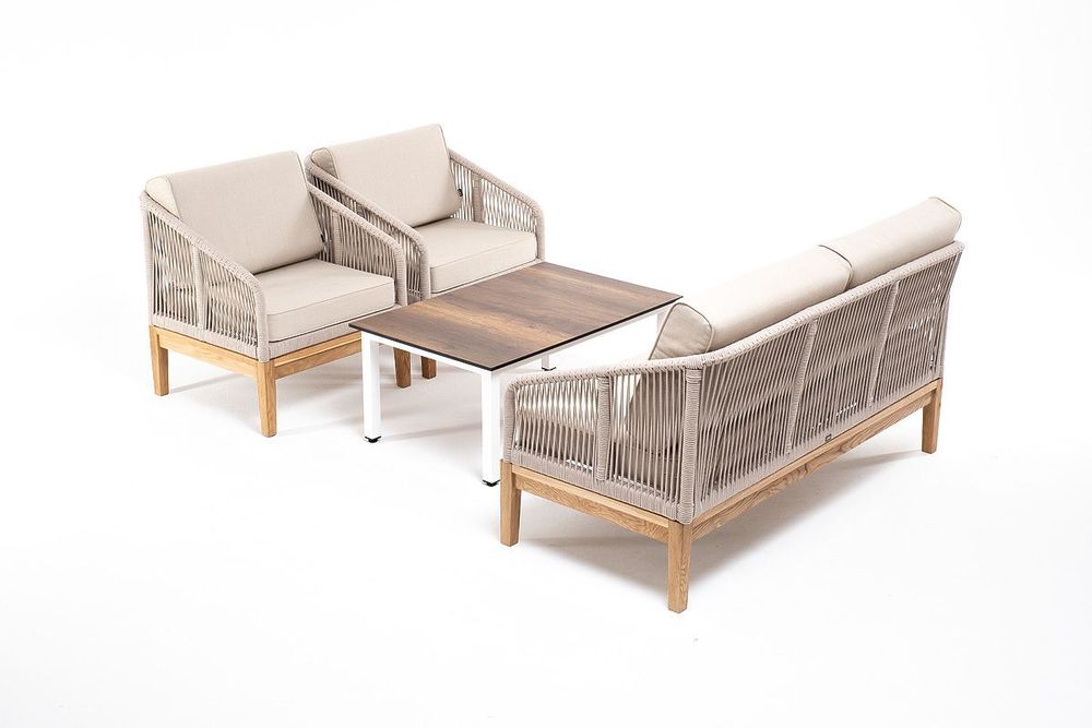 "Канны" лаунж-зона 4-местная из роупа со столиком "Канны" цвета "дуб", основание дуб, роуп бежевый