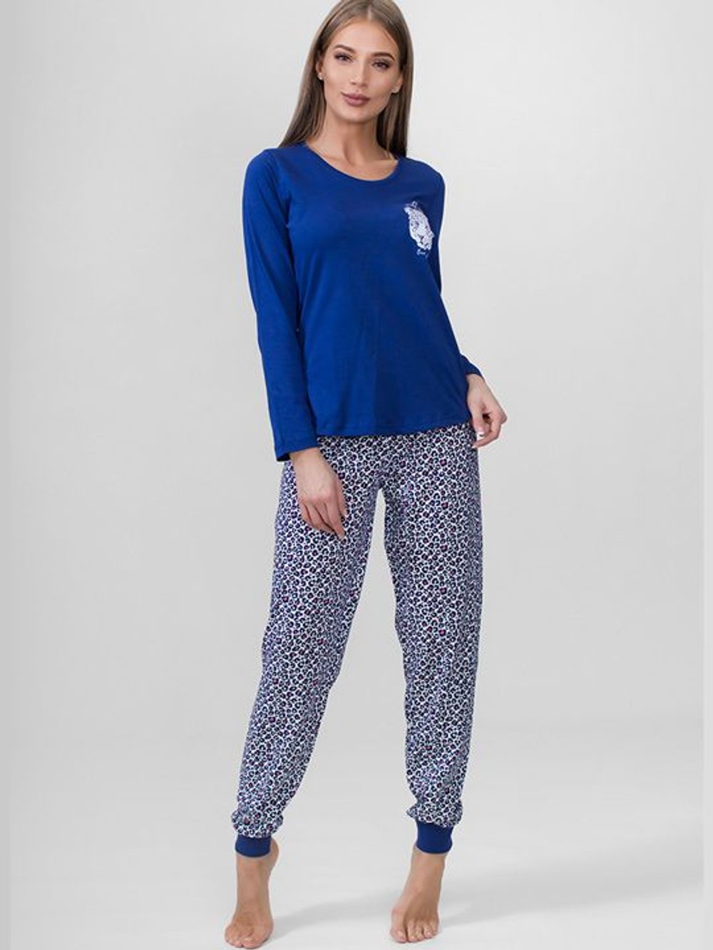 Домашний комплект с леопардовым принтом на брючках (Размер: S) (Цвет: темно-синий)