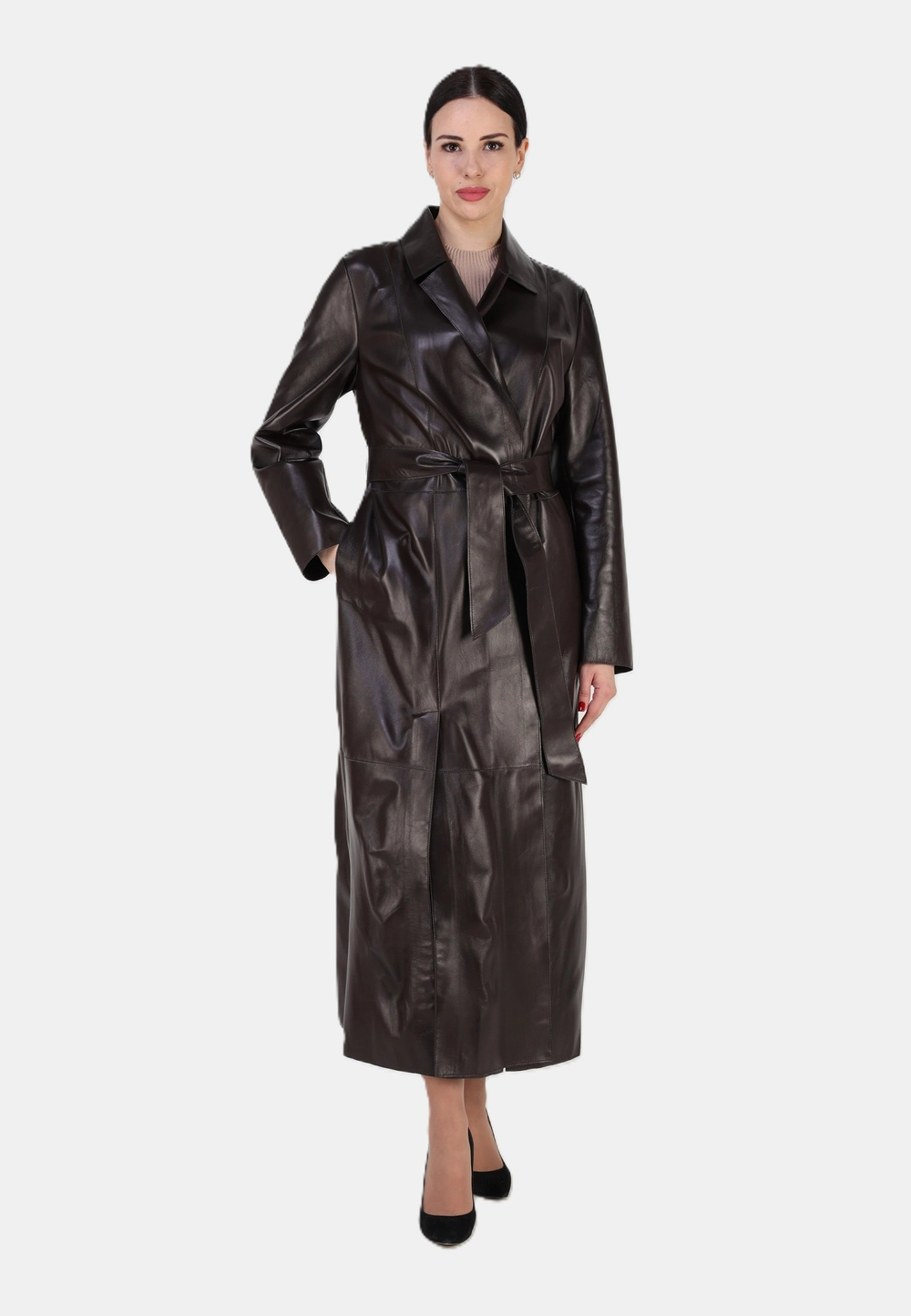 Кожаный плащ длинный, пальто длинное кожа