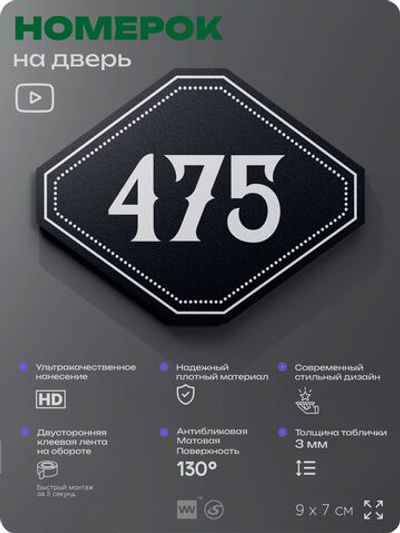 Номерок на дверь квартиры 475, для кабинета, офиса, шильдик 9 х 7 см, черный, Айдентика Технолоджи