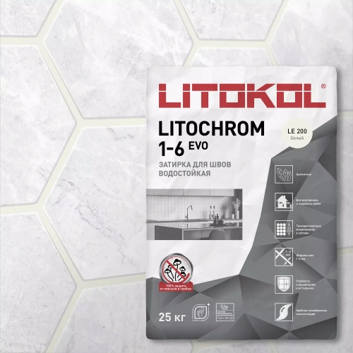 Затирка швов цементная Litokol Litochrom 1-6 Evo LE.200 белый, мешок 25 кг