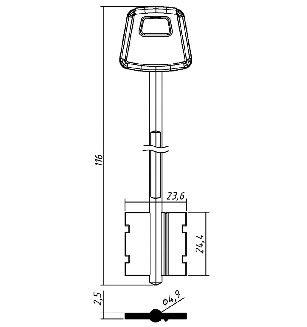 Заготовка сувальдного ключа 10764 214/4- ЧИЗА-3 ПЛ литье (116*23,6*24,4)(4,9) (CIZ7DP)
