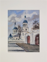 Картина авторская акварельная в паспарту 21х30 см на стену для интерьера "Зарайск. Храм Святой Троицы"