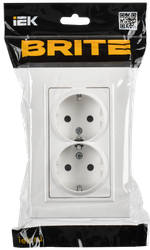 BRITE Розетка 2-местная с заземлением с защитными шторками плоская 16А в сборе РСшПл12-3-БрАБ арктический белый IEK