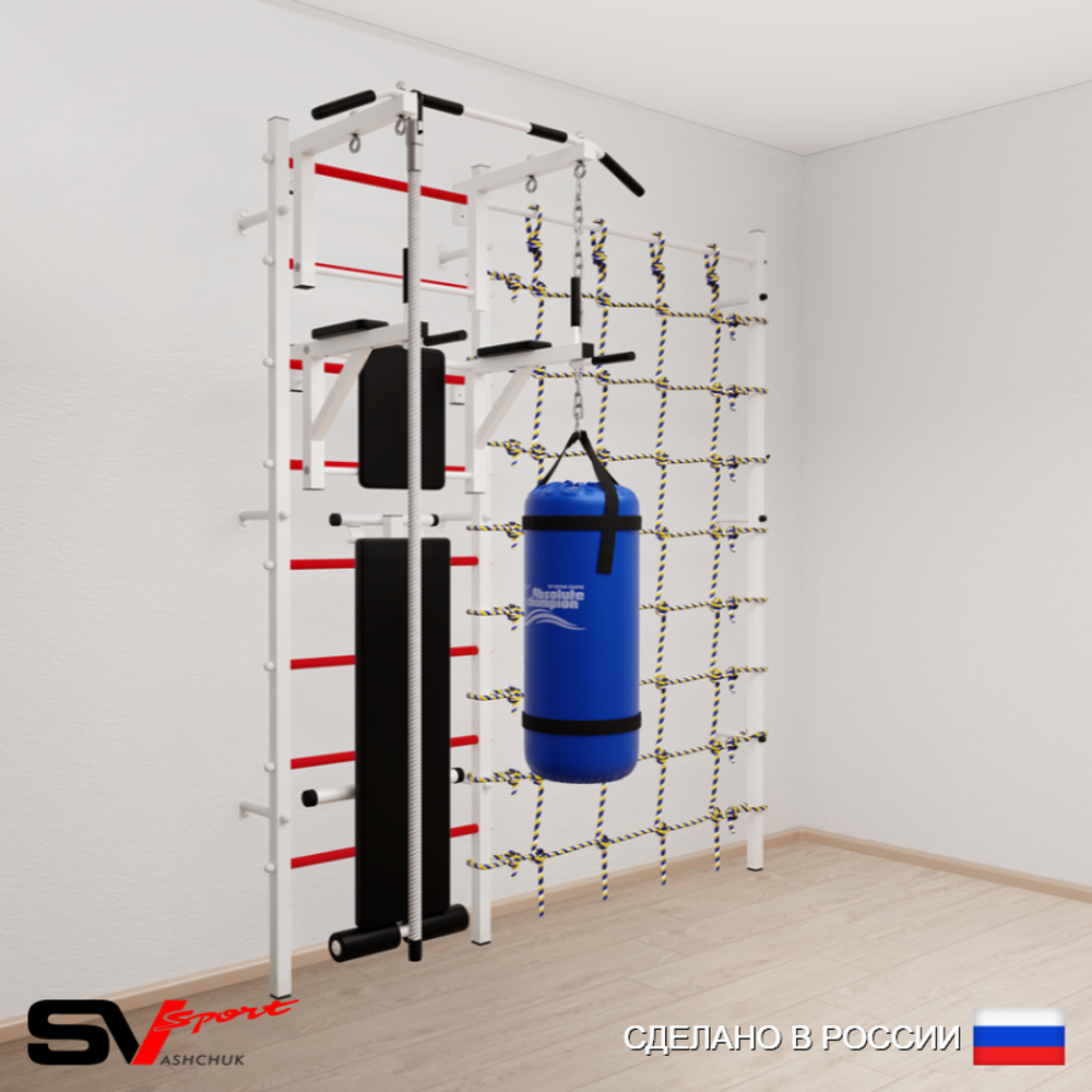 Шведская стенка Sv Sport усиленная 68010 (Турник стандарт/Брусья/Скамья/Канат/Цепь/Мешок 15кг/Канатный лаз)