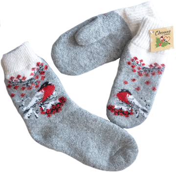 Комплект носочки и варежки "Снегири рябина комбинированные"