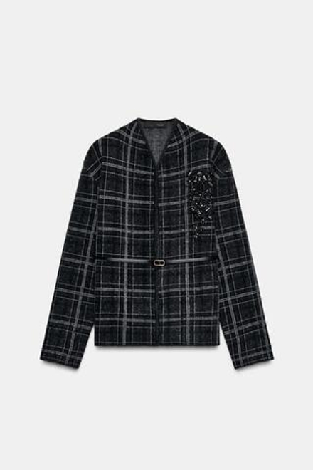ZARA ТРИКОТАЖНЫЙ КАРДИГАН В КЛЕТКУ С ПОЯСОМ, СЕРЫЙ