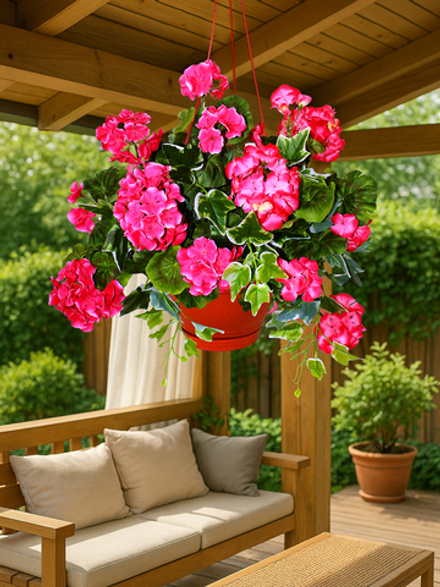 Искусственные цветы Герань густая малиновая 65см в подвесном кашпо
