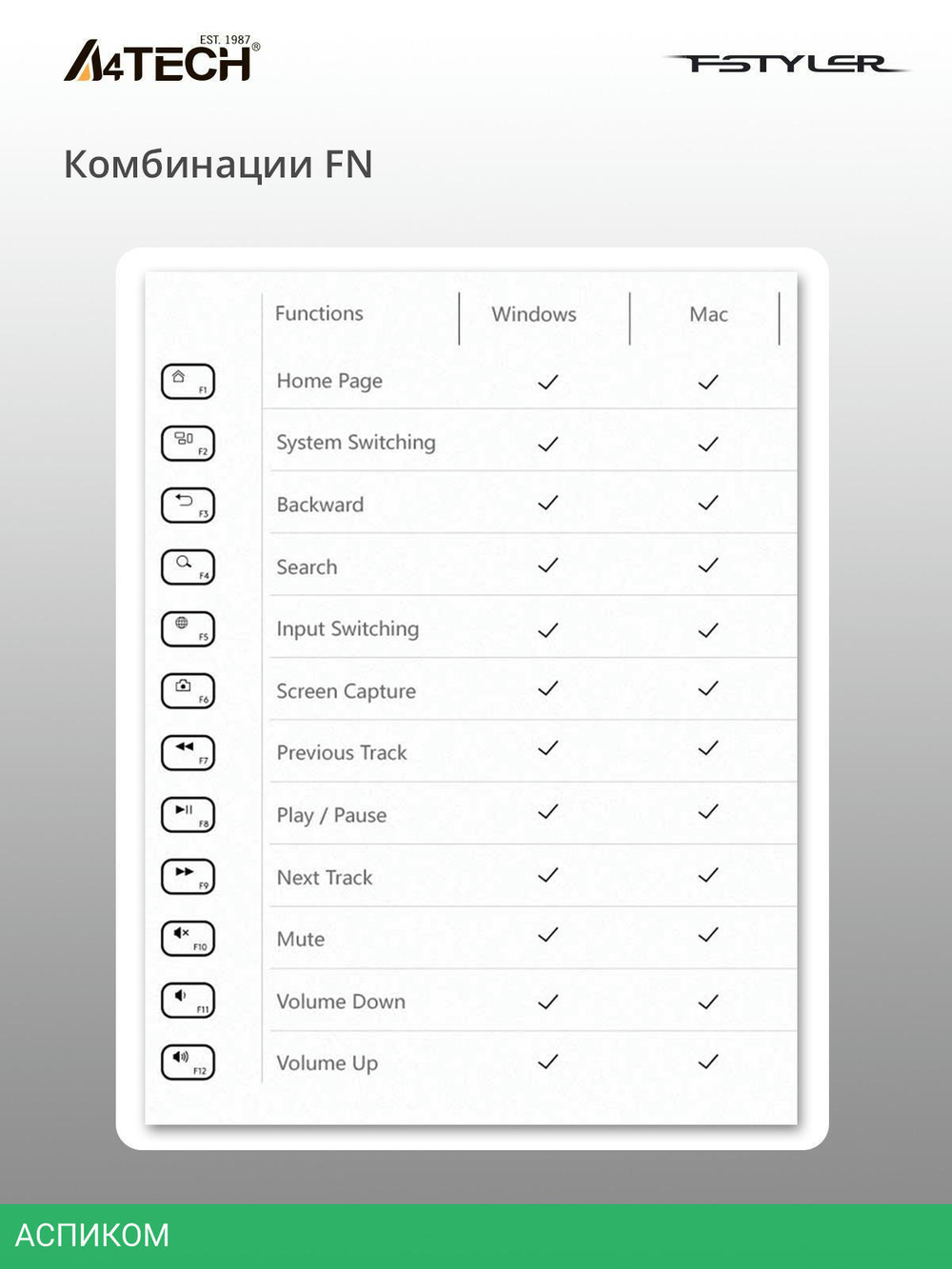 Клавиатура A4Tech Fstyler серый (FX51)