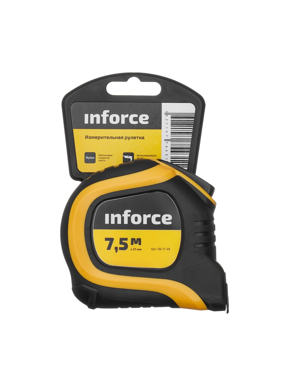 Измерительная рулетка с нейлоновым ярким покрытием и магнитным зацепом 7.5x27мм Inforce 06-11-49