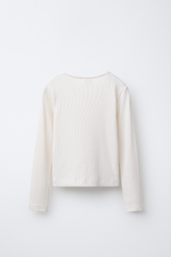 ZARA ФУТБОЛКА В РУБЧИК С ПУГОВИЦАМИ И ВЫРЕЗОМ, ЭКРЮ