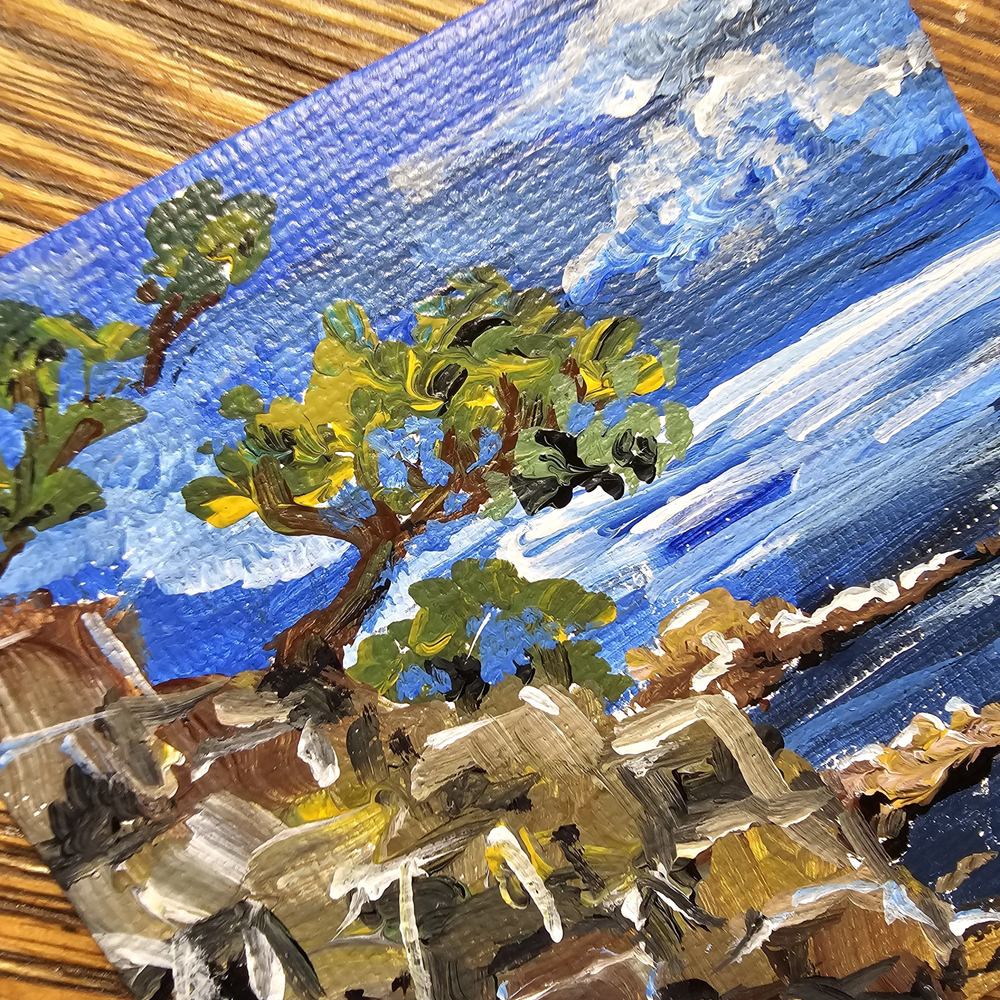 Магнит на холодильник "Сосны на Утесе", акрил, холст, 7,5х7,5см, лак, роспись