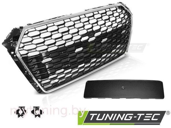 Решетка радиатора для Audi A4 B9 (15-19) под датчики парковки черная с хром окантовкой в стиле RS4