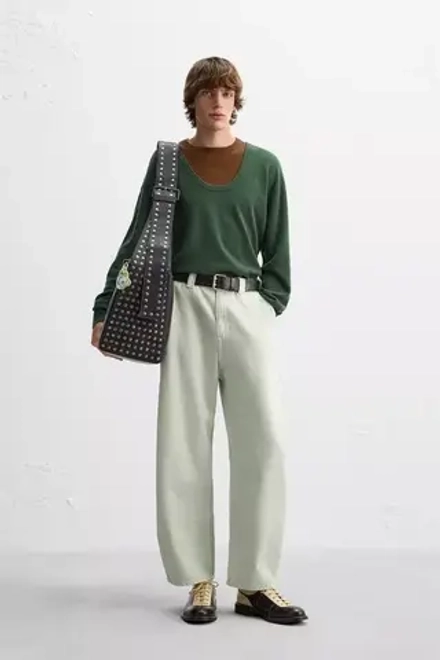 ZARA X HARRY LAMBERT ШЕРСТЯНОЙ СВИТЕР В СТИЛЕ КОЛОР-БЛОК, ЗЕЛЕНЫЙ