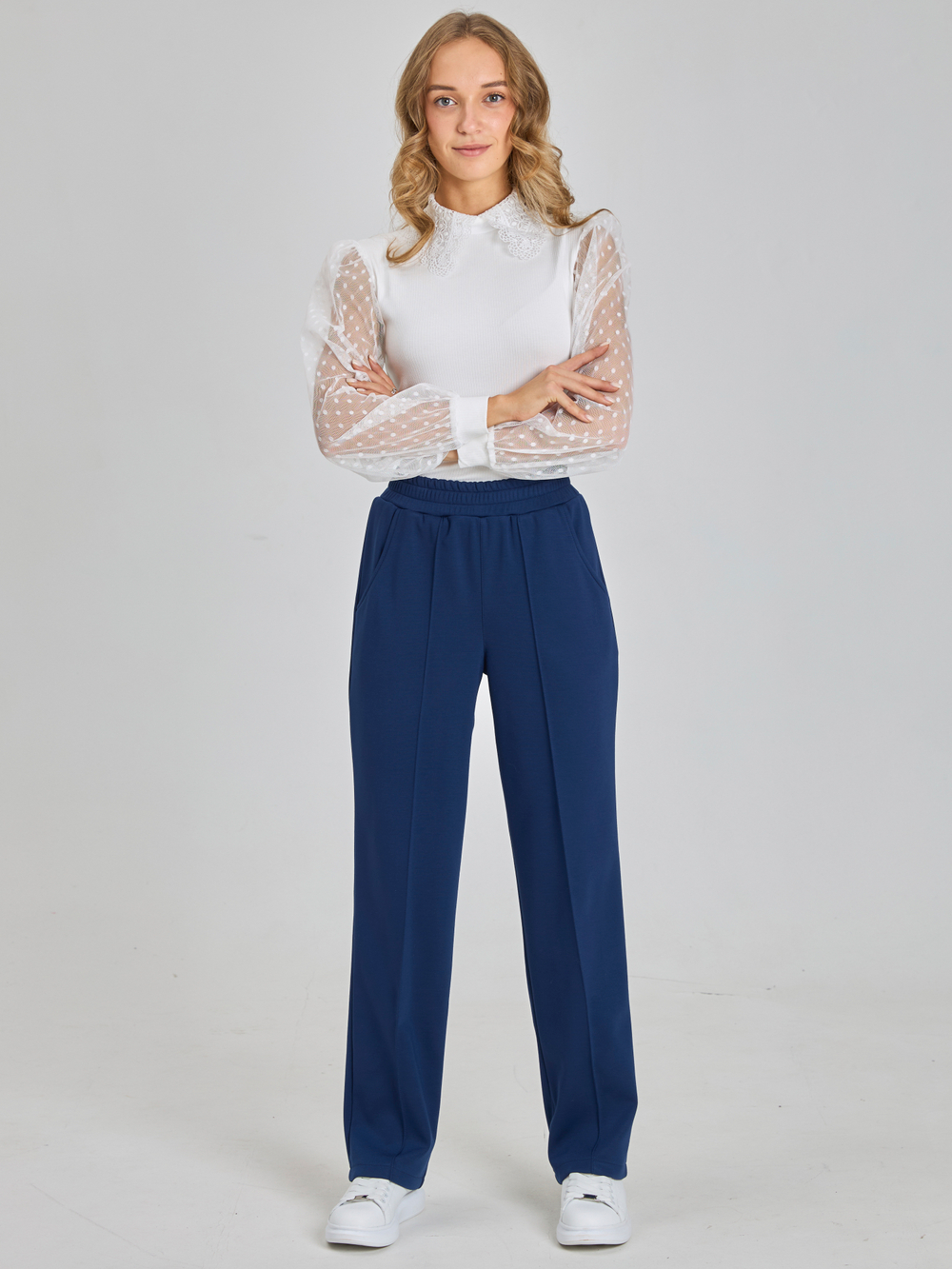 Брюки утепленные для девочки прямые с прошитой стрелкой тёмно-синие