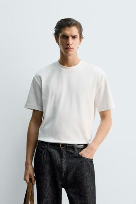 ZARA ФУТБОЛКА RELAXED FIT INTERLOCK, БЕЛЫЙ