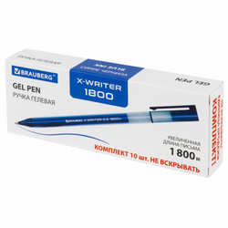 Ручки гелевые BRAUBERG "X-WRITER 1800", УВЕЛИЧЕННАЯ ДЛИНА ПИСЬМА 1 800 м, СИНИЕ, КОМПЛЕКТ 10 ШТУК, стандартный узел 0,5 мм, 144137