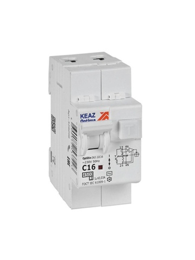 Выключатель автоматический дифференциального тока 2п с защитой от сверхтоков OptiDin D63-22C16-AC-У3 C16 30мА 4.5кА КЭАЗ 328098