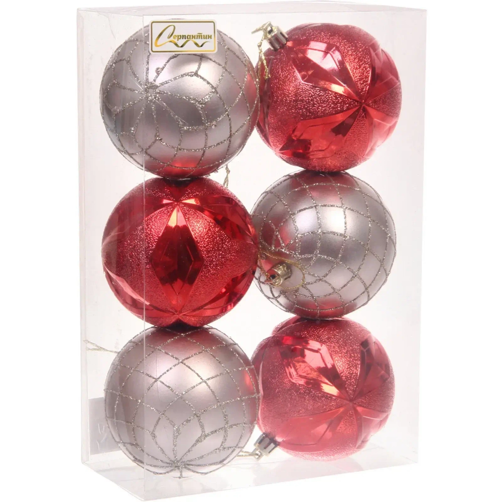 Новогодние шары «Снежный вальс» 8 см (набор 6 шт), Красный/Шампань